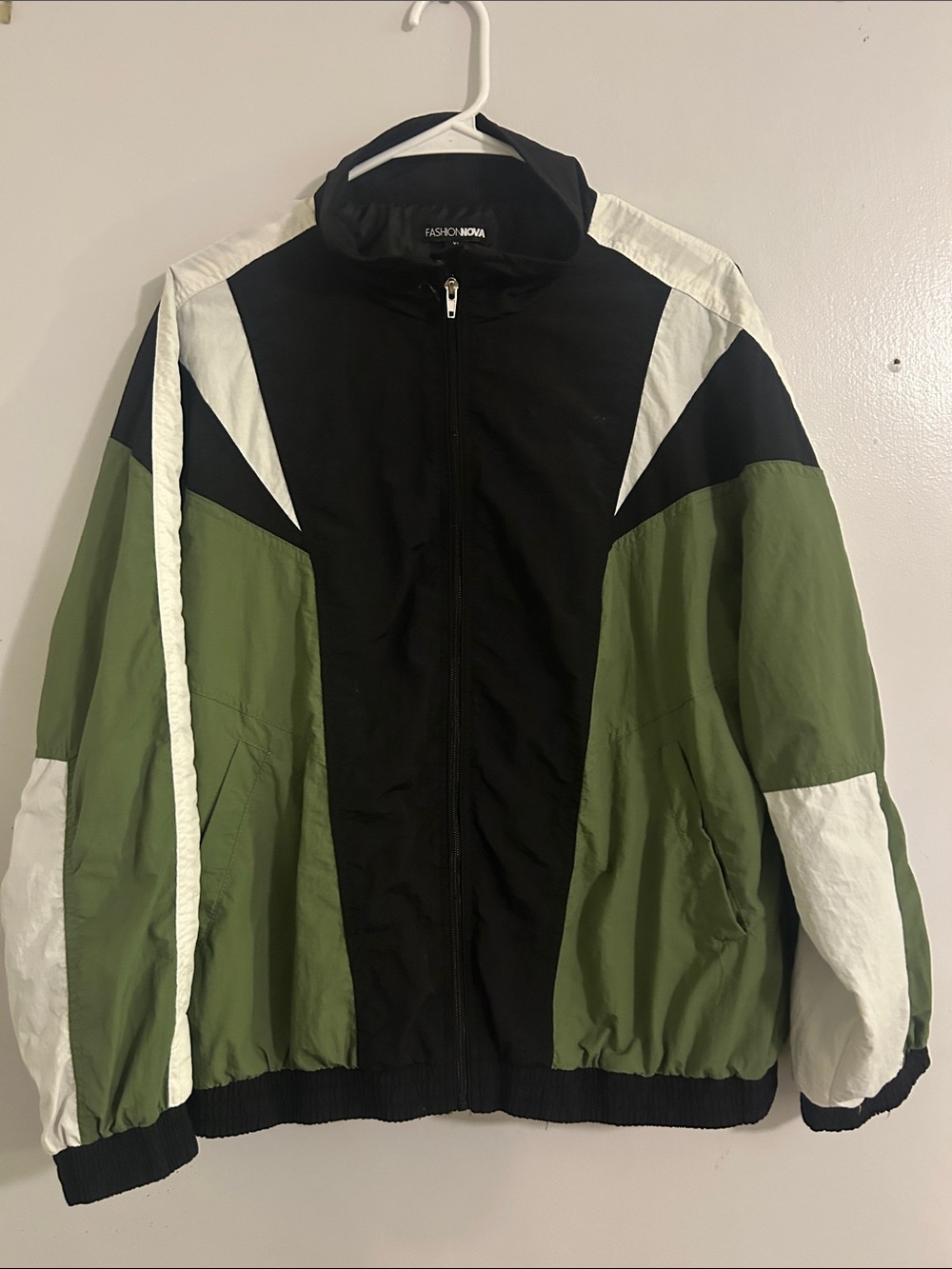Fashion Nova Men's Olive, Black & White Retro Colorblock Windbreaker